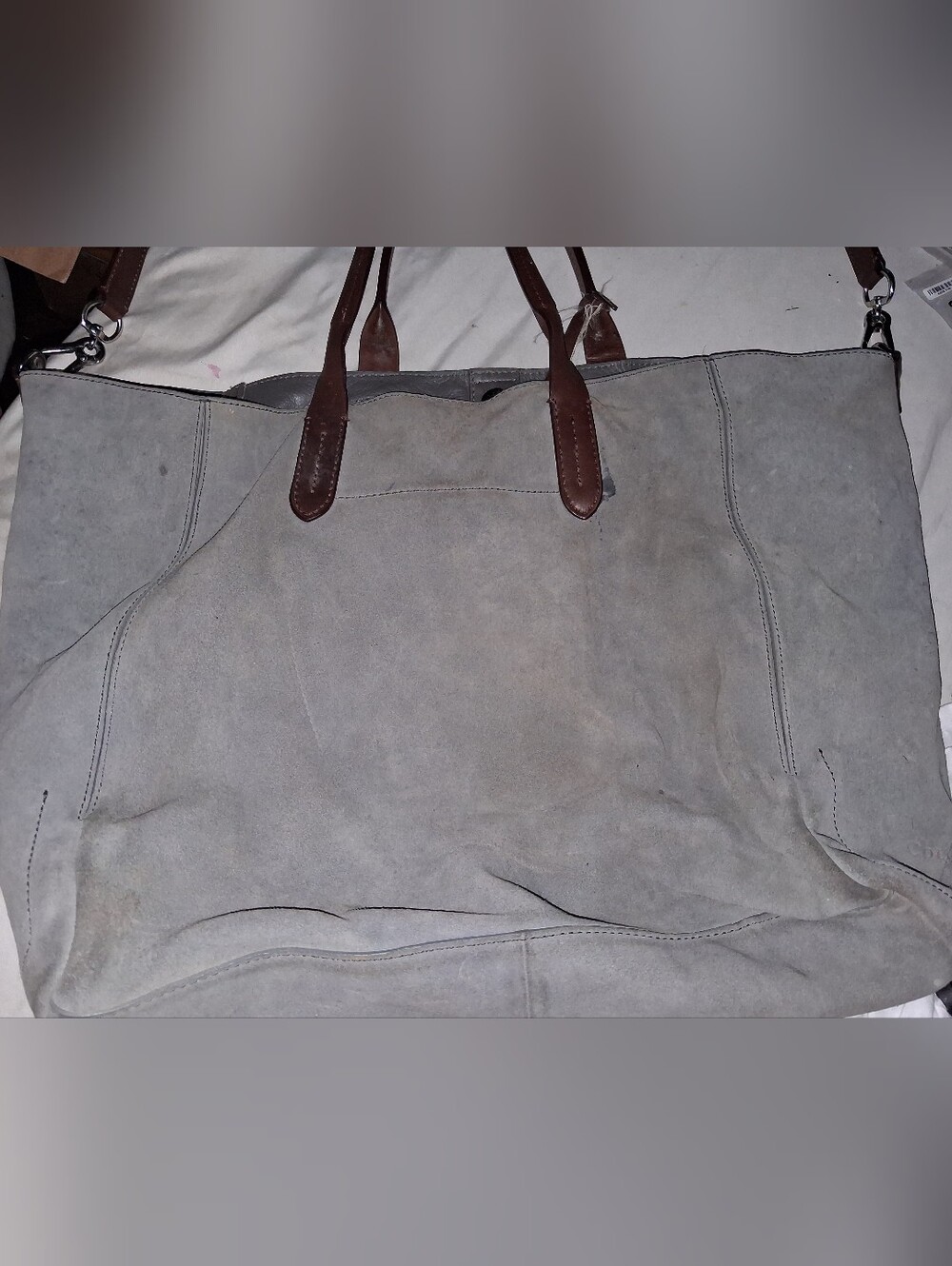 Cole Haan Grey Suede Large Tote Bag with Crossbody Strap & Logo Charm